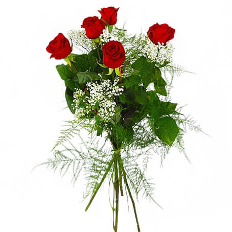 Rosbukett med 5 st röda rosor